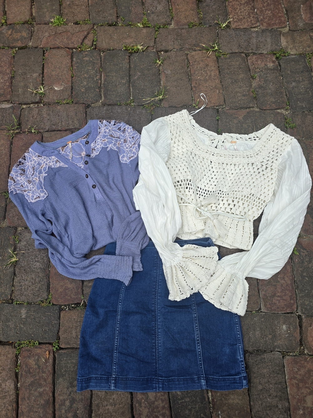 Free People Bundle Blue Lace Top White Crochet Top Free People Denim Mini Skirt